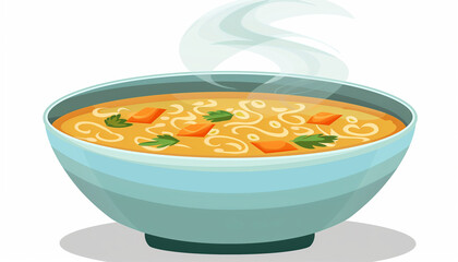 Illustration of a steaming bowl of noodle soup with vegetables, set against a white background, representing a warm and comforting meal