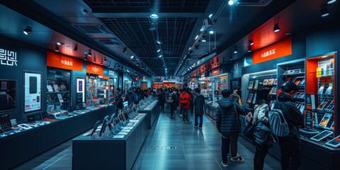 Crowded electronics store with various gadgets and people browsing