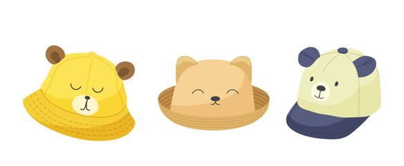 Childish cotton hat and sport cap with cute animal design cartoon set isolated on white background