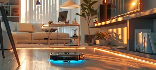 Robotic Vacuum Cleaner with AI in a Modern Home Office - Efficient High-Tech Cleaning Solution