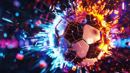 An abstract digital art piece of a soccer ball exploding into pixels, bright neon colors, high contrast
