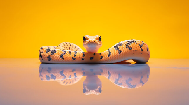 Closeup of a beautiful albino reticulated python on a reflective surface with a yellow background