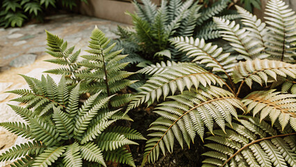 Fern plant leaves, green tropical forest background