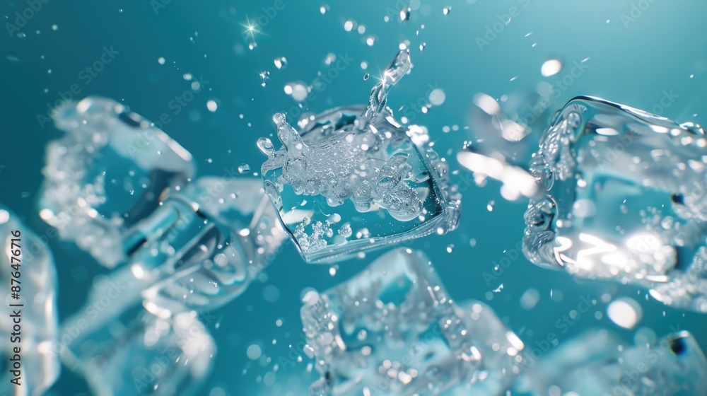 Poster a collection of ice cubes suspended in water, ideal for use in illustrations and designs about cold 