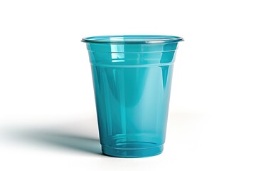 A single blue plastic cup sits on a table, ready for use