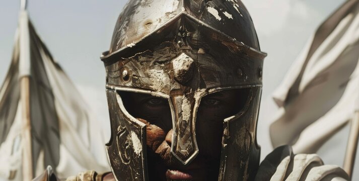 Close up of a gladiator's face wearing a helmet and mask