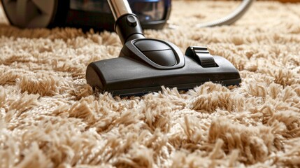 Naklejka premium High-Performance Vacuum Cleaner with Rotating Brush Head on Thick Shag Carpet for Deep Cleaning