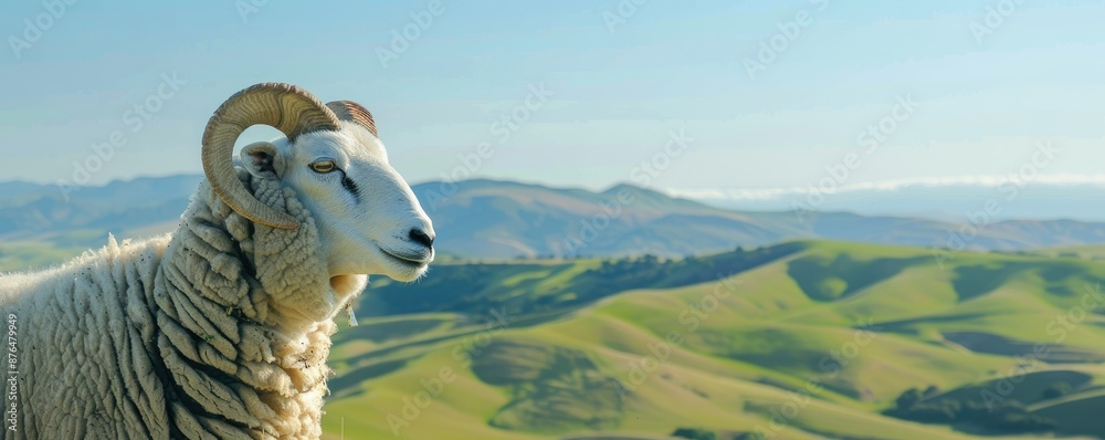 Wall mural A Sheep with Curled Horns Gazes Over Rolling Green Hills