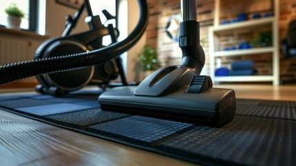 Efficient Vacuum Cleaner in Action on Rubberized Floor Mat in Modern Home Gym