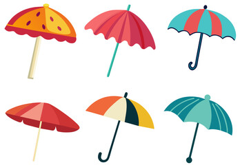 Vector umbrellas set. Protection parasols for summer or autumn weather. Accessories with handles of different design, type.