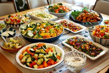 Colorful Vegetable Dishes Spread on Dining Table for Nutritious Feast