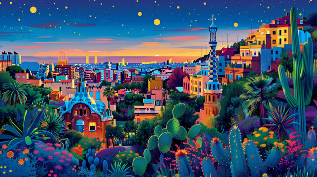 illustration of Parc Guell in Barcelona, colorful flat vector design with white background, detailed, complex, pop art style, colorful. Parc G&uuml;ell.