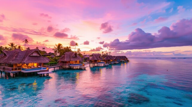 A beautiful beach with a group of small houses on stilts. The houses are lit up at night, creating a warm and inviting atmosphere. The water is calm and the sky is filled with clouds
