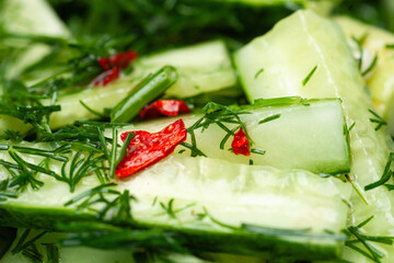 Sliced cucumbers. Fresh cucumber salad with herbs close-up
