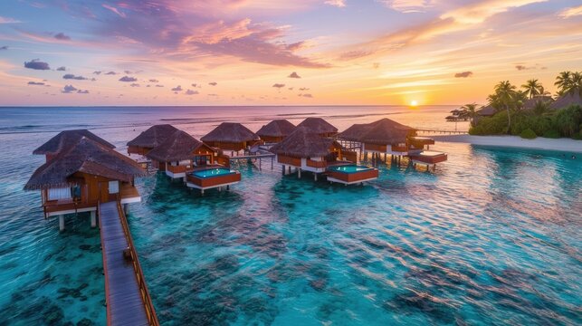 A beautiful beach with a group of small houses on stilts. The houses are lit up at night, creating a warm and inviting atmosphere. The water is calm and the sky is filled with clouds