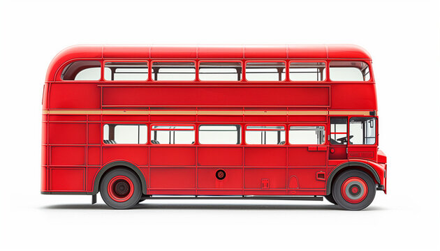 Classic red double-decker bus, side view, set against a plain white background, representing iconic London transportation