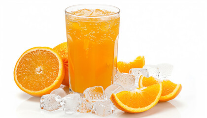 Glass of orange juice with ice cubes, surrounded by whole and sliced oranges, set on a white background, looking cool and refreshing