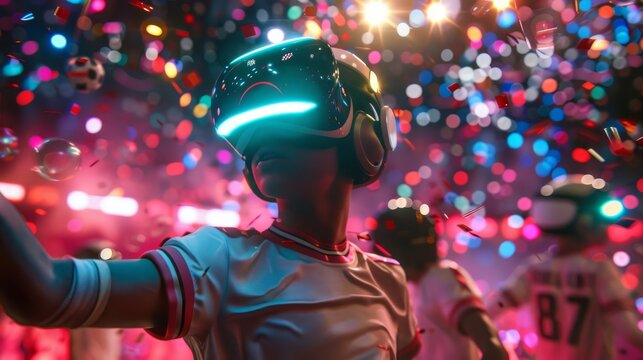 Euro football match in a virtual reality environment, players in neonlit VR headsets, holographic confetti