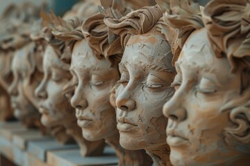 Fototapeta premium Row of clay heads with different facial expressions and hairstyles, displayed on a wooden shelf
