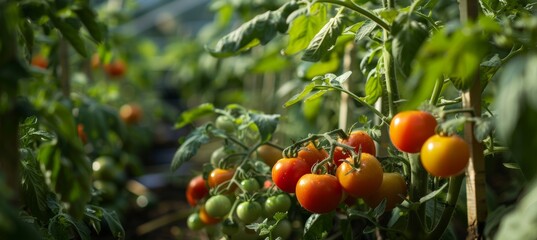 Seasonal Vegetables Growing in Greenhouse with Tomatoes, Cucumbers, and Herbs Under Controlled Conditions