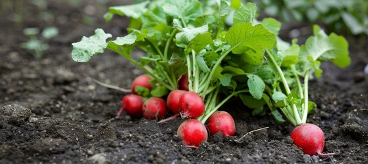 Freshly Picked Radishes with Green Tops in Garden Soil - Organic Gardening and Harvesting Concept