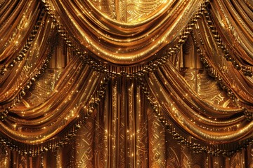 Obraz premium A decorative gold curtain with lights on top, often used in stage performances or as a backdrop for special events