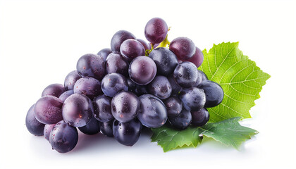 Cluster of fresh purple grapes with green leaves on a white background, showcasing their plump and juicy appearance