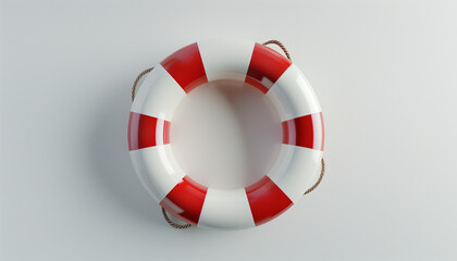 Red and white striped life preserver ring, viewed from above on a plain white background, symbolizing safety