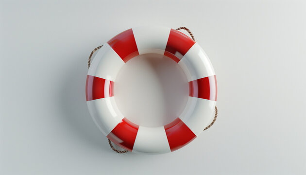 Red and white striped life preserver ring, viewed from above on a plain white background, symbolizing safety