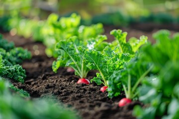 Obraz premium Organic Vegetable Rows: Kale, Spinach, and Radishes Growing in Rich Soil on a Sunny Day