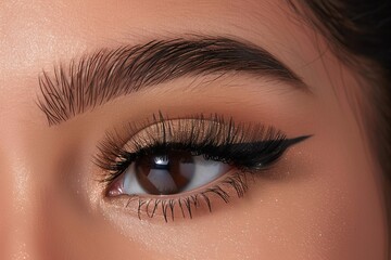 Close up of dark brown eye with eyeliner, false lashes, eyeshadow on tan skin in studio lighting