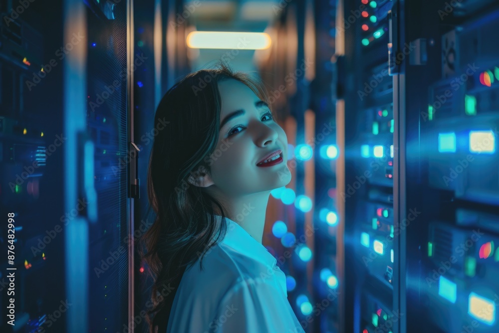 Aufkleber A woman standing near a group of computer servers, possibly in an IT or data center setting