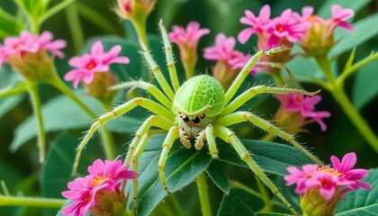 A green spider with yellow markings on a plant with pink flowers