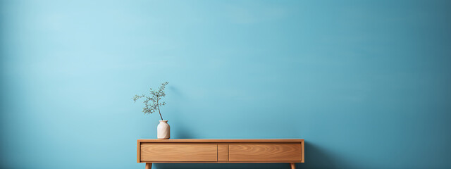 Blue wall and wooden console with plant in vase, 3d rendering, copy space