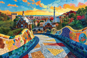 illustration of Parc Guell in Barcelona, colorful flat vector design with white background, detailed, complex, pop art style, colorful. Parc G&uuml;ell.