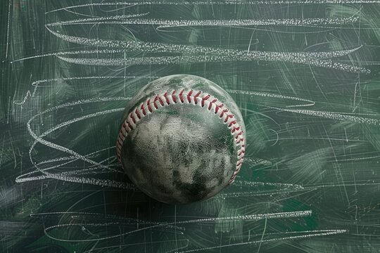 A baseball sits on top of a chalkboard filled with chalk, suitable for educational or nostalgic purposes