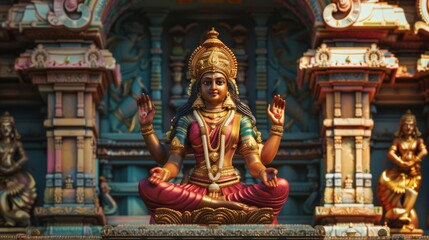 Obraz premium Lakshmi with traditional South Indian temple architecture, Goddess Lakshmi, Architectural Heritage