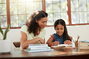 Homework, help and mother with child and writing mentor in family home with notebook and parent support. Learning, development and student with education and school study for knowledge at table