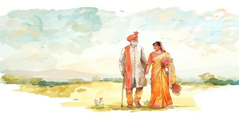 Fototapeta premium Illustration of an elderly couple holding hands while walking in a serene countryside, with trees and flowers.