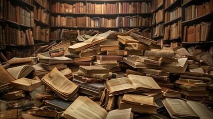 Fototapeta premium A library with a pile of books on the floor. The books are old and dusty, and the pile is so high that it almost reaches the ceiling. Concept of nostalgia and the importance of preserving knowledge