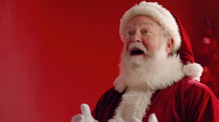 Surprised Santa Claus in traditional red suit and hat with wide-open mouth and expressive eyes, standing against a red background. Holiday surprise concept.