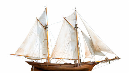 Obraz premium Classic wooden sailboat with white sails on white background elegant nautical decor perfect for maritime enthusiasts