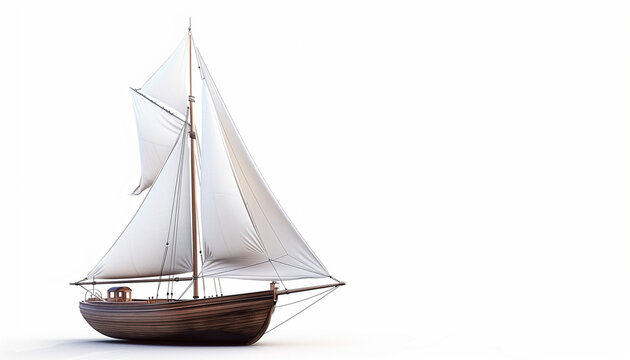 Wooden sailboat with white sails on white background perfect nautical decoration for maritime lovers