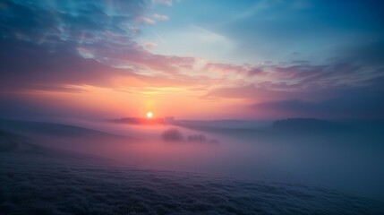 a foggy sunrise with a few trees in the foreground and a few clouds in the background