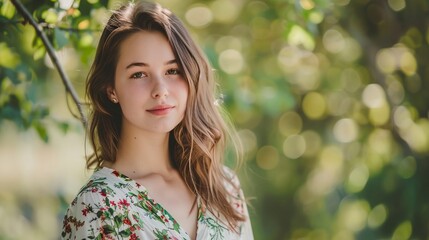 Fototapeta premium a woman standing under a tree with a green background