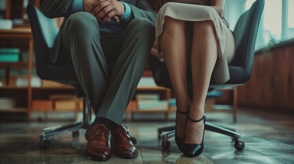 Businessman and businesswoman sitting closely on office chairs, lower bodies only, legs intertwined, formal attire, office environment, intimate connection