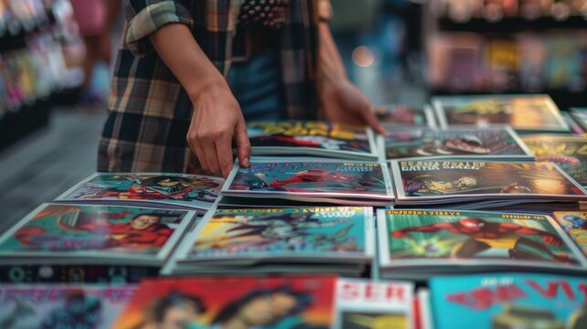 counters with comic books in the store. National Comic Book Day in the USA. people read comics. people choose comic book magazines in the store.