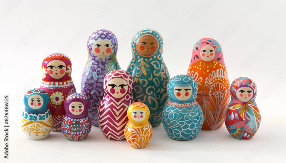 Wall mural Colorful set of matryoshka dolls on white background traditional Russian nesting dolls perfect for collectors