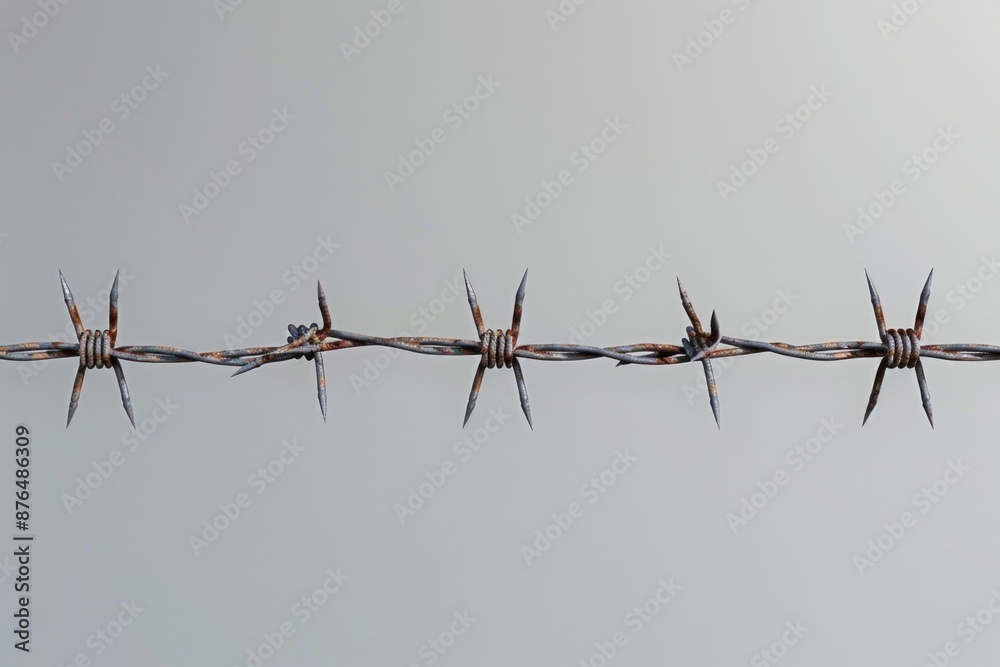 Poster a row of barbed wire stretches across a cloudy gray sky, with no visible surroundings or context