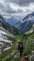 Fototapeta premium Ultra sharp image of a hiker with gear navigating through the breathtaking wilderness, embodying
